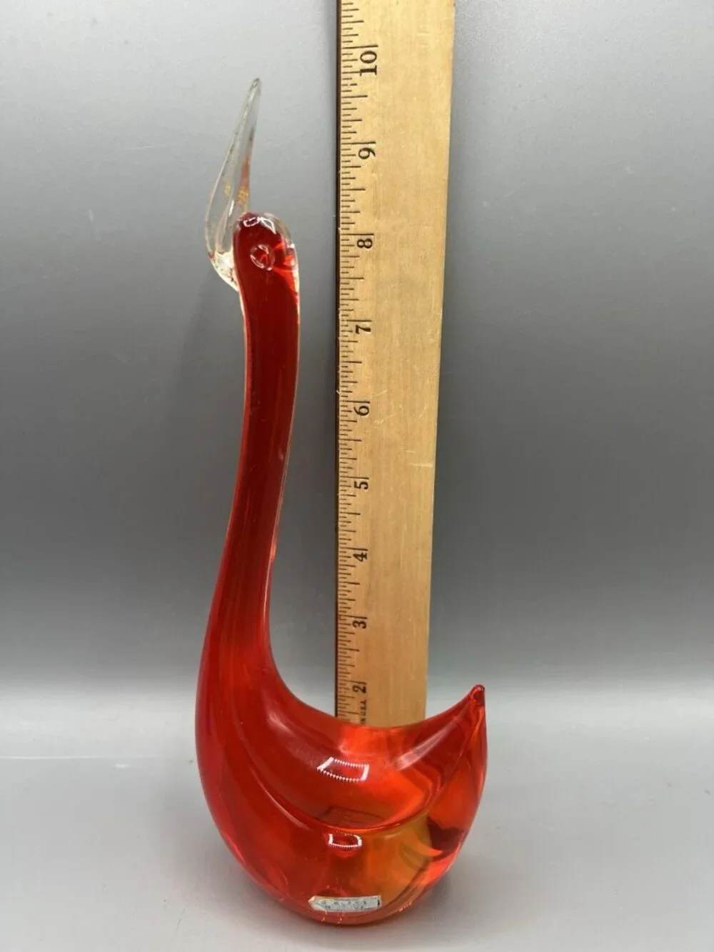 Murano Red Orange Glass Swan w/ Gold Bill Vtg Figurine 9.5 in Long Necked Italy